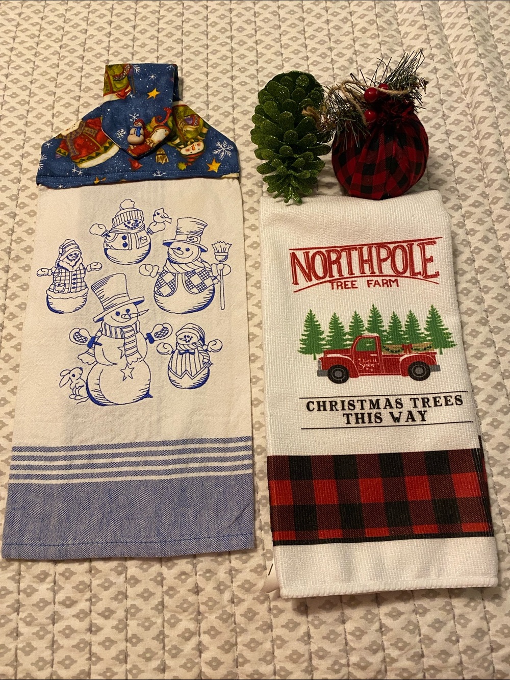 Red Plaid Christmas 🎄 & Snowman Kitchen Towel + 2️⃣ Holiday Ornaments